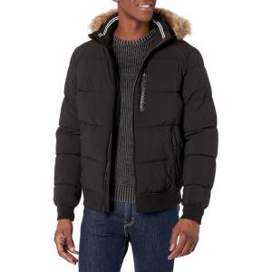 Nautica Men’s Midweight Faux Memory Puffer Jacket –Adjustable Hood Insulated Quilted Winter Coat(Caviar)