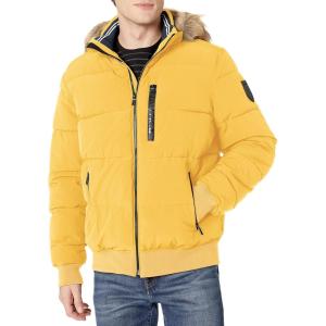 Nautica Men’s Midweight Faux Memory Puffer Jacket –Adjustable Hood Insulated Quilted Winter Coat(Mustard)