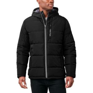 Nautica Men’s Midweight Quilted Faux Memory Puffer Jacket –Adjustable Hood Insulated Winter Coat(Black)