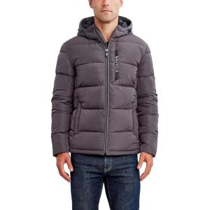Nautica Men’s Midweight Quilted Faux Memory Puffer Jacket –Adjustable Hood Insulated Winter Coat(Charcoal)