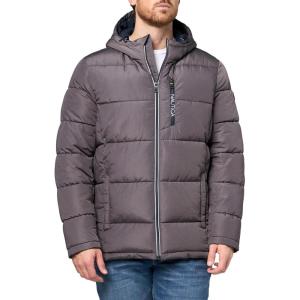 Nautica Men’s Midweight Quilted Faux Memory Puffer Jacket –Adjustable Hood Insulated Winter Coat(Heather Grey)