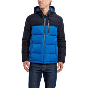 Nautica Men’s Midweight Quilted Faux Memory Puffer Jacket –Adjustable Hood Insulated Winter Coat(Monaco Blue)
