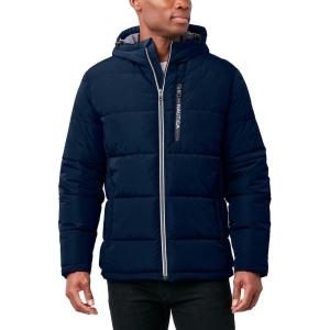 Nautica Men’s Midweight Quilted Faux Memory Puffer Jacket –Adjustable Hood Insulated Winter Coat(Navy)