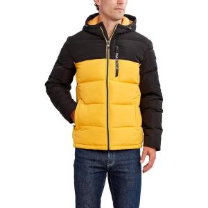Nautica Men’s Midweight Quilted Faux Memory Puffer Jacket –Adjustable Hood Insulated Winter Coat(Old Gold)