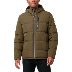 Nautica Men’s Midweight Quilted Faux Memory Puffer Jacket –Adjustable Hood Insulated Winter Coat(Olvbrown)