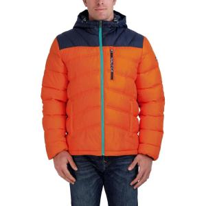 Nautica Men’s Midweight Quilted Faux Memory Puffer Jacket –Adjustable Hood Insulated Winter Coat(Orange)