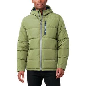 Nautica Men’s Midweight Quilted Faux Memory Puffer Jacket –Adjustable Hood Insulated Winter Coat(Pale Olive)