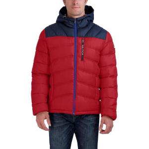Nautica Men’s Midweight Quilted Faux Memory Puffer Jacket –Adjustable Hood Insulated Winter Coat(Red)