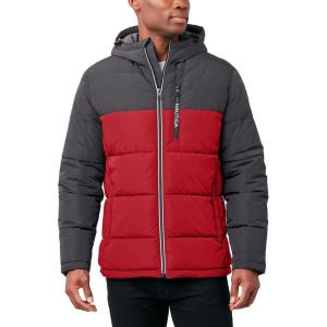 Nautica Men’s Midweight Quilted Faux Memory Puffer Jacket –Adjustable Hood Insulated Winter Coat(Red Asphalt)