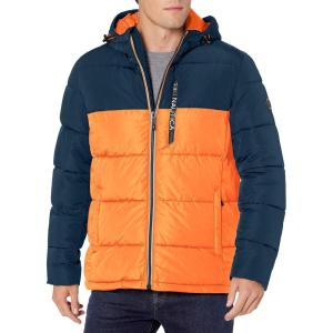 Nautica Men’s Midweight Quilted Faux Memory Puffer Jacket –Adjustable Hood Insulated Winter Coat(Sunset)