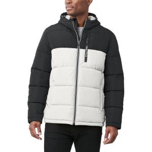 Nautica Men’s Midweight Quilted Faux Memory Puffer Jacket –Adjustable Hood Insulated Winter Coat(White/Black)