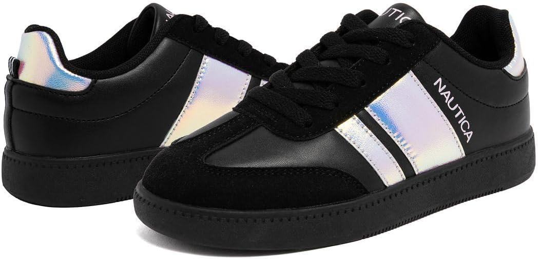imageNautica Boys Girls Casual Fashion Shoes Comfortable Soccer Classic Walking Tennis Sneakers for Kids Breathable Lightweight amp Flexible Lace UpBungeeBlack Iridescent Black