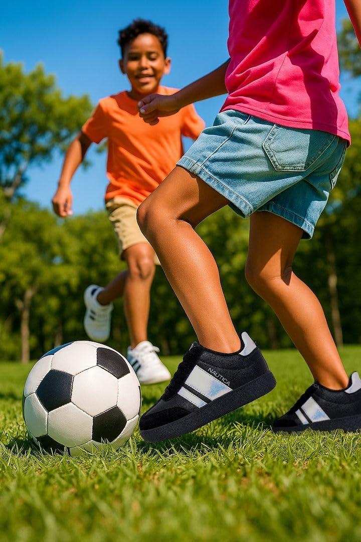 imageNautica Boys Girls Casual Fashion Shoes Comfortable Soccer Classic Walking Tennis Sneakers for Kids Breathable Lightweight amp Flexible Lace UpBungeeBlack Iridescent Black