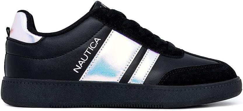 imageNautica Boys Girls Casual Fashion Shoes Comfortable Soccer Classic Walking Tennis Sneakers for Kids Breathable Lightweight amp Flexible Lace UpBungeeBlack Iridescent Black