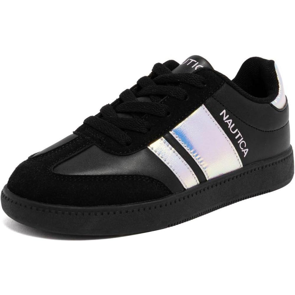 imageNautica Boys Girls Casual Fashion Shoes Comfortable Soccer Classic Walking Tennis Sneakers for Kids Breathable Lightweight amp Flexible Lace UpBungeeBlack Iridescent Black