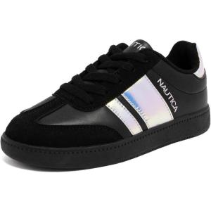 Nautica Boys Girls Casual Fashion Shoes – Comfortable Soccer Classic Walking Tennis Sneakers for Kids – Breathable, Lightweight & Flexible (Lace Up/Bungee)(Black Iridescent Black)