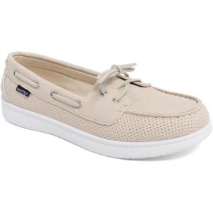 Nautica Women’s Casual Boat Shoes, Moc-Toe Loafers with Cushioned Insole, Deck Fashion Sneaker(Bone Perf)