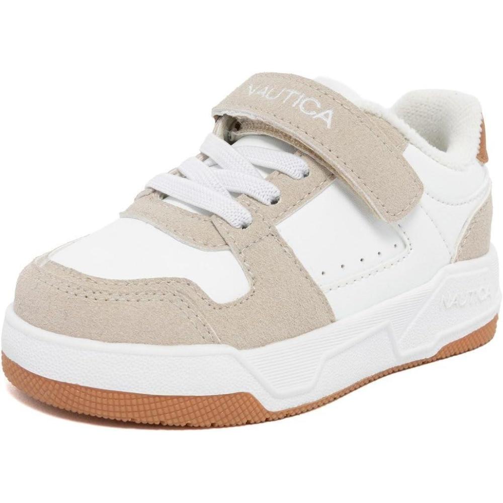 imageNautica Kids Adjustable Strap Shoes Comfortable Casual Sneakers for Boys and Girls Toddlers amp Little KidsWhite Taupe Tan