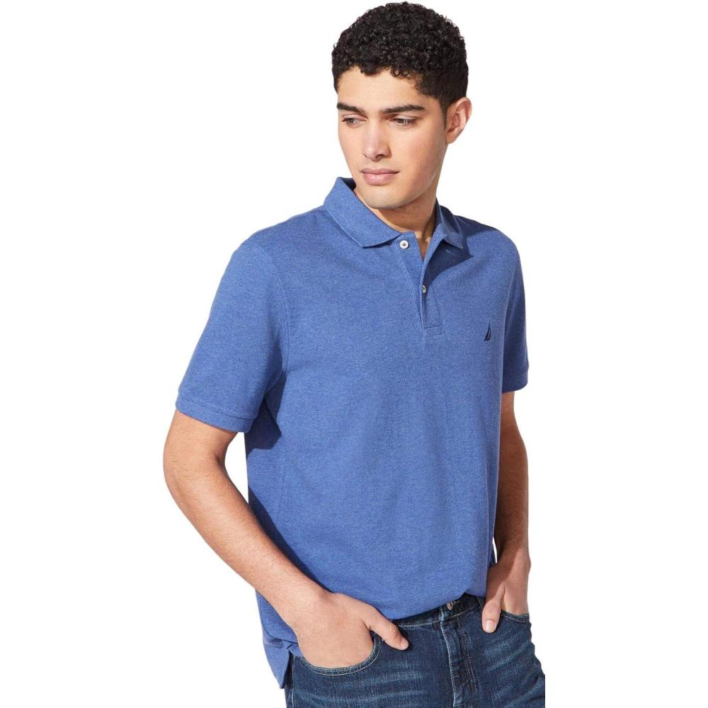 imageNautica Mens Classic Short Sleeve Solid Performance Deck Polo ShirtStellar Blue Heather Basic Polo