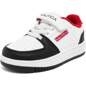 Nautica Kids Adjustable Strap Shoes | Comfortable Casual Sneakers for Boys and Girls, Toddlers & Little Kids(White Black Red)
