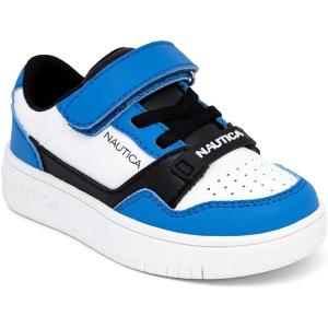 Nautica Kids Adjustable Strap Shoes | Comfortable Casual Sneakers for Boys and Girls, Toddlers & Little Kids(White Blue Black-seaspray)