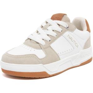 Nautica Youth Athletic Sneakers – Comfortable Lace-Up Tennis Shoes for Boys and Girls, Durable Casual Sport Footwear for School, Gym and Daily Wear(White Taupe Tan)