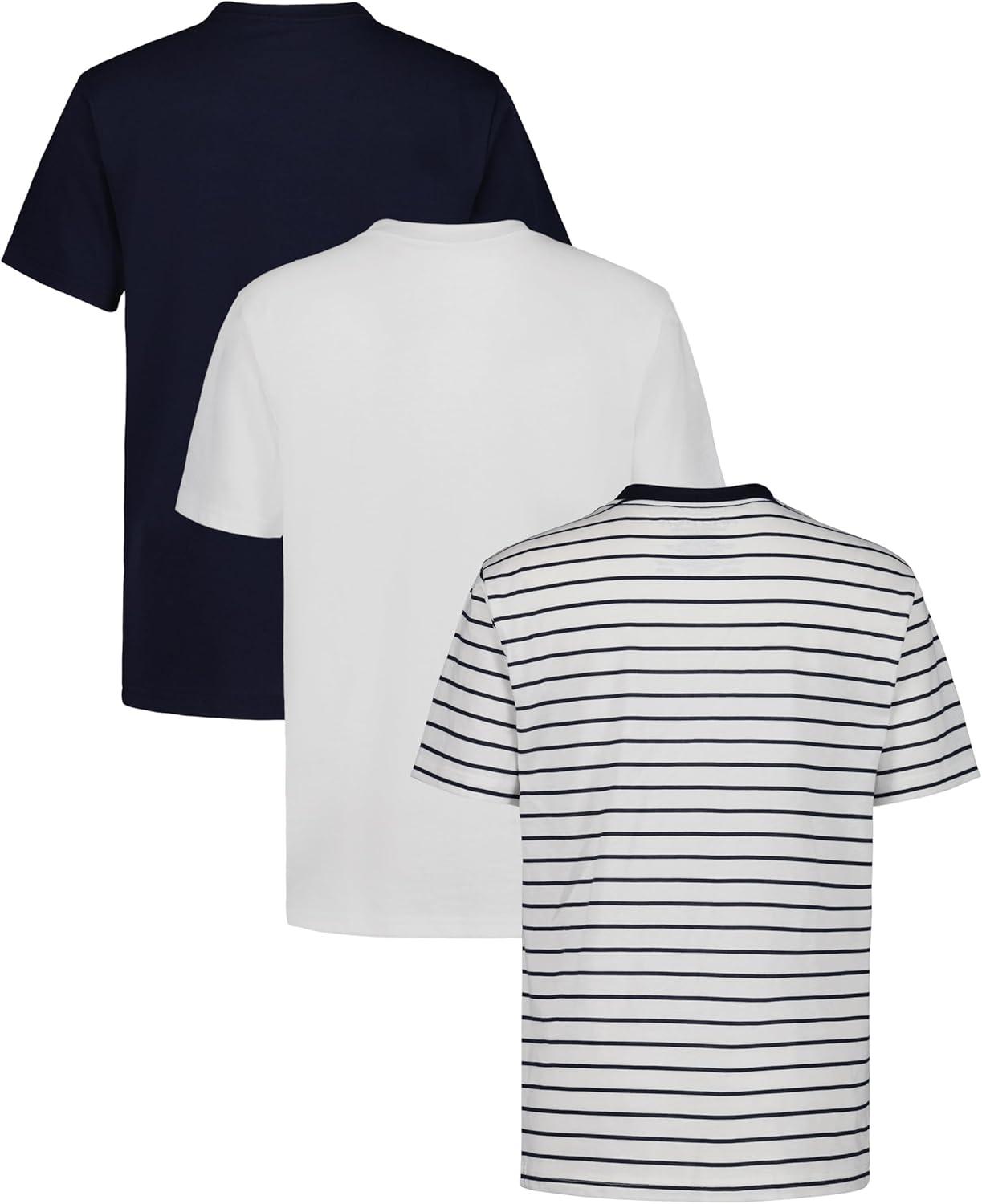 imageNautica Boys Short Sleeve Solid Crew Neck TShirt Multipack Soft Comfortable Relaxed FitBright Navy StripeWhiteNavy Seas