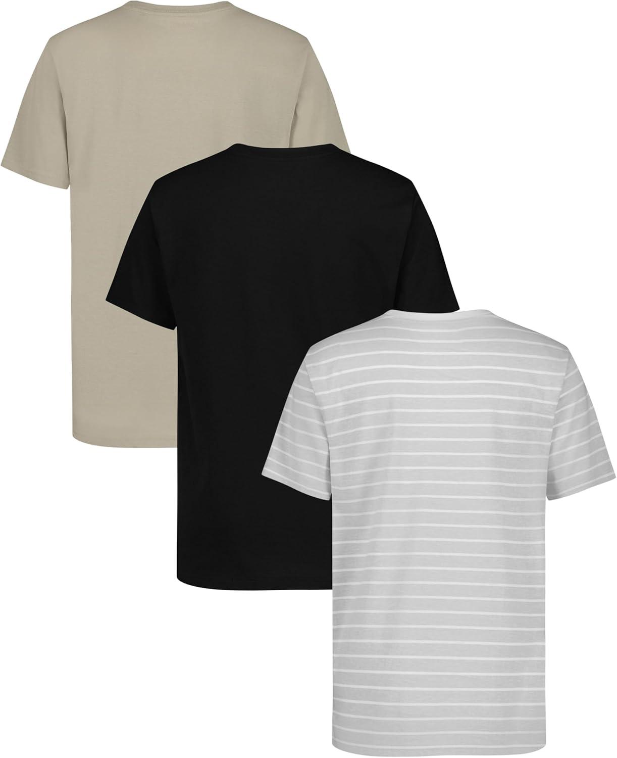 imageNautica Boys Short Sleeve Solid Crew Neck TShirt Multipack Soft Comfortable Relaxed FitMicro Chip StripeBlackIsland Fossil