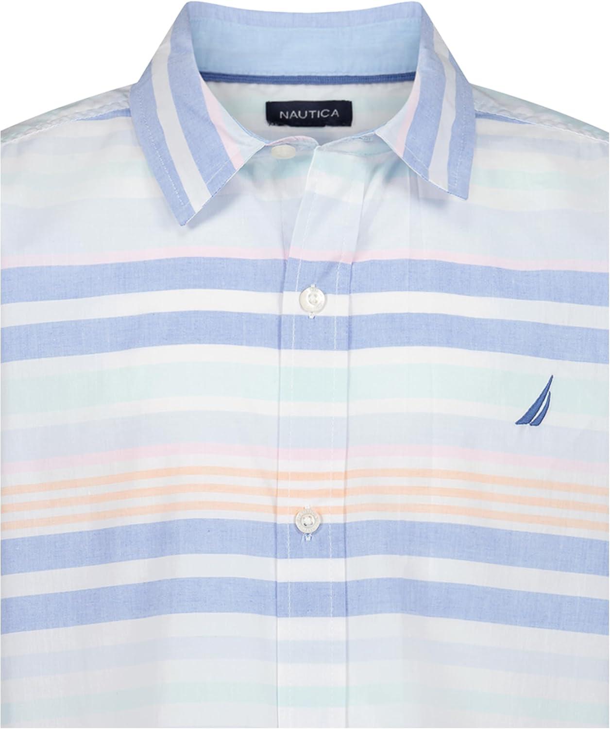 imageNautica Boys Short Sleeve Woven ButtonDown Shirt Light Weight amp BreathableCabana Stripe Cashmere Blue