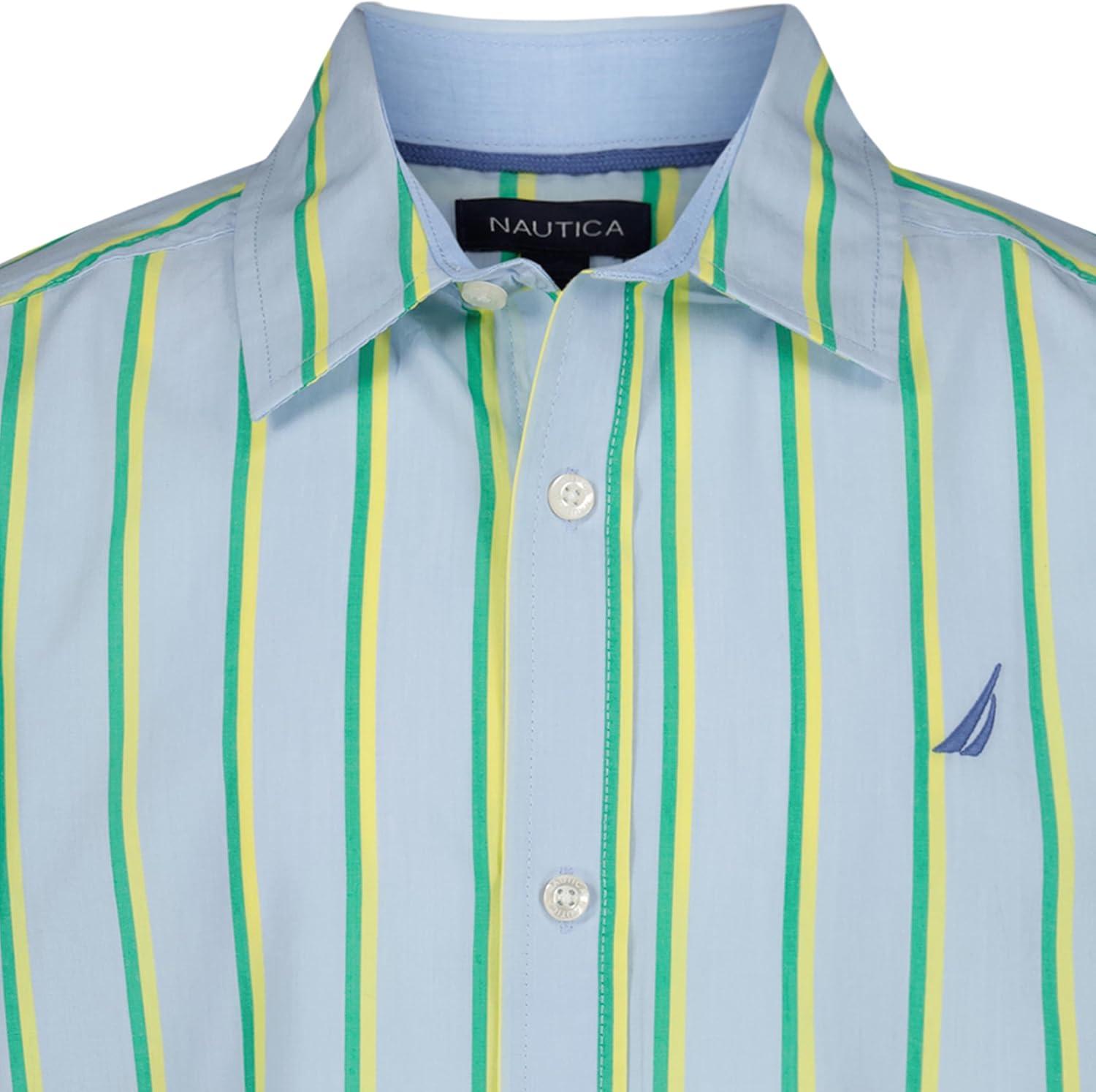 imageNautica Boys Short Sleeve Woven ButtonDown Shirt Light Weight amp BreathableCashmere Blue Thin Stripe