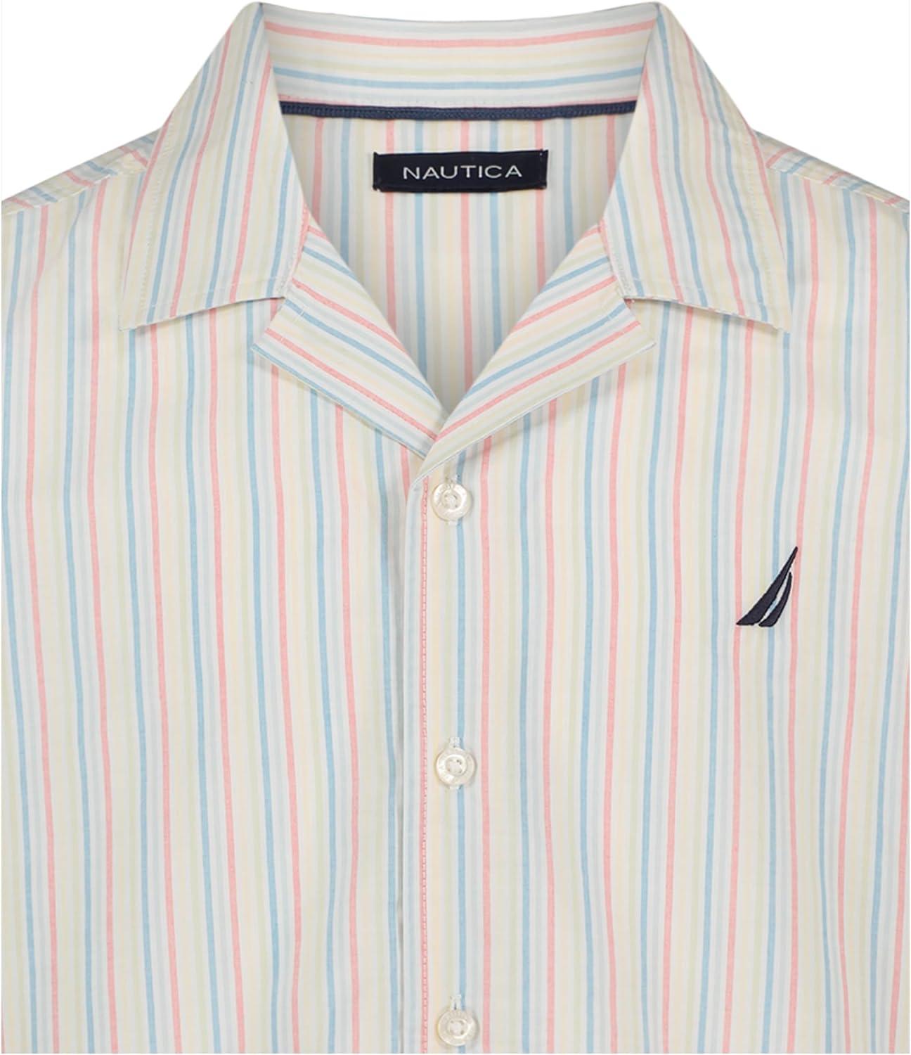 imageNautica Boys Short Sleeve Woven ButtonDown Shirt Light Weight amp BreathableRainbow Stripe on Bright White