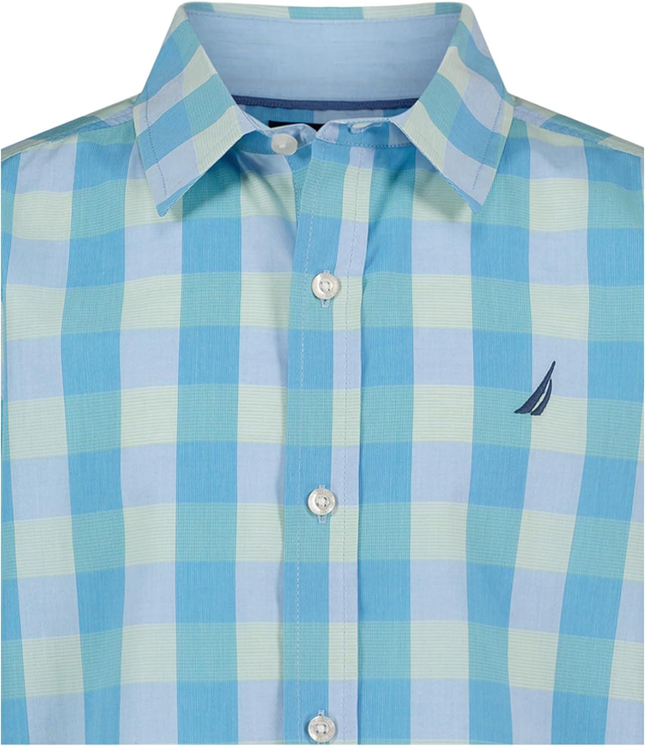 imageNautica Boys Short Sleeve Woven ButtonDown Shirt Light Weight amp BreathableSpring Check Azure
