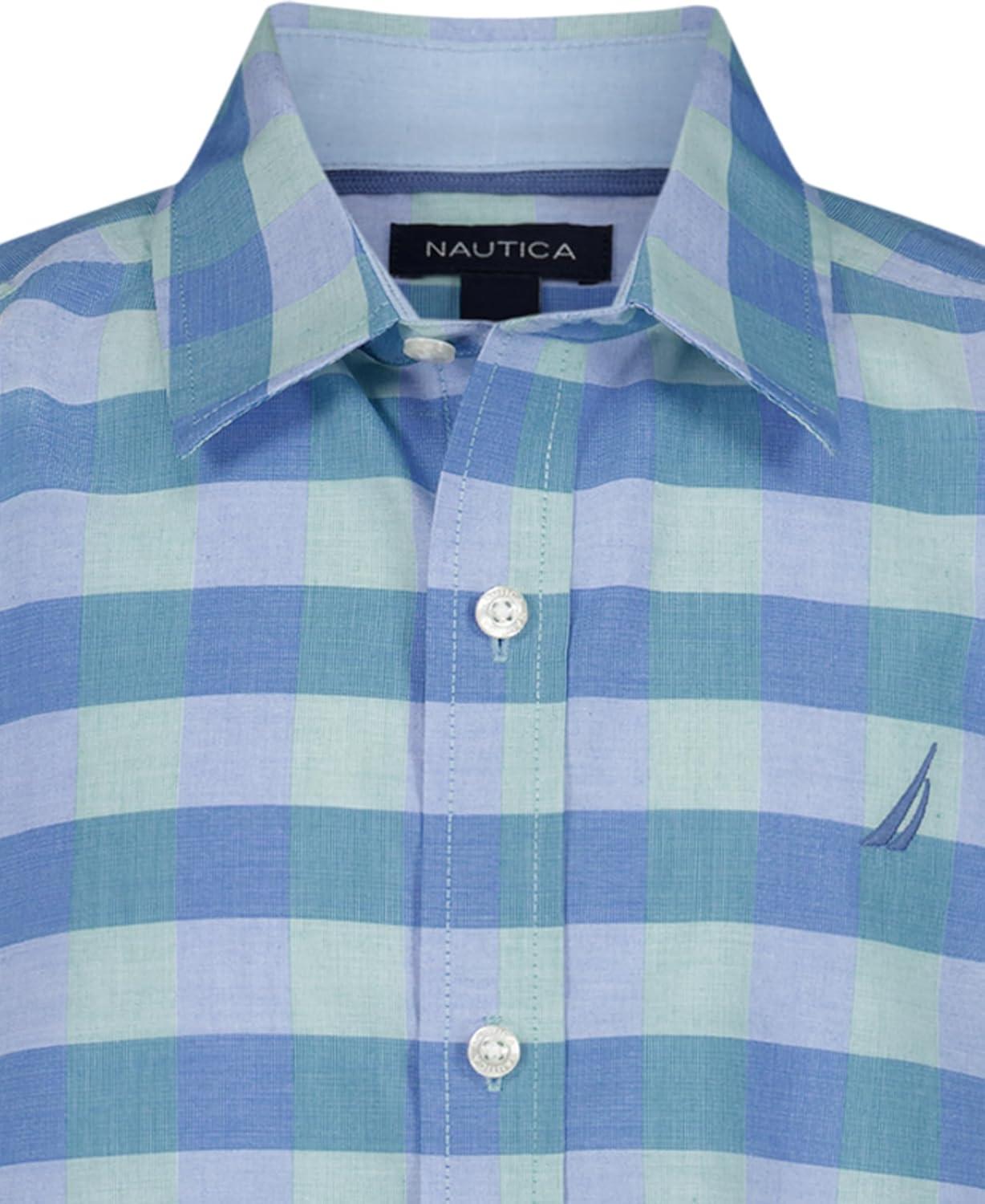 imageNautica Boys Short Sleeve Woven ButtonDown Shirt Light Weight amp BreathableSpring Check Blue Tint