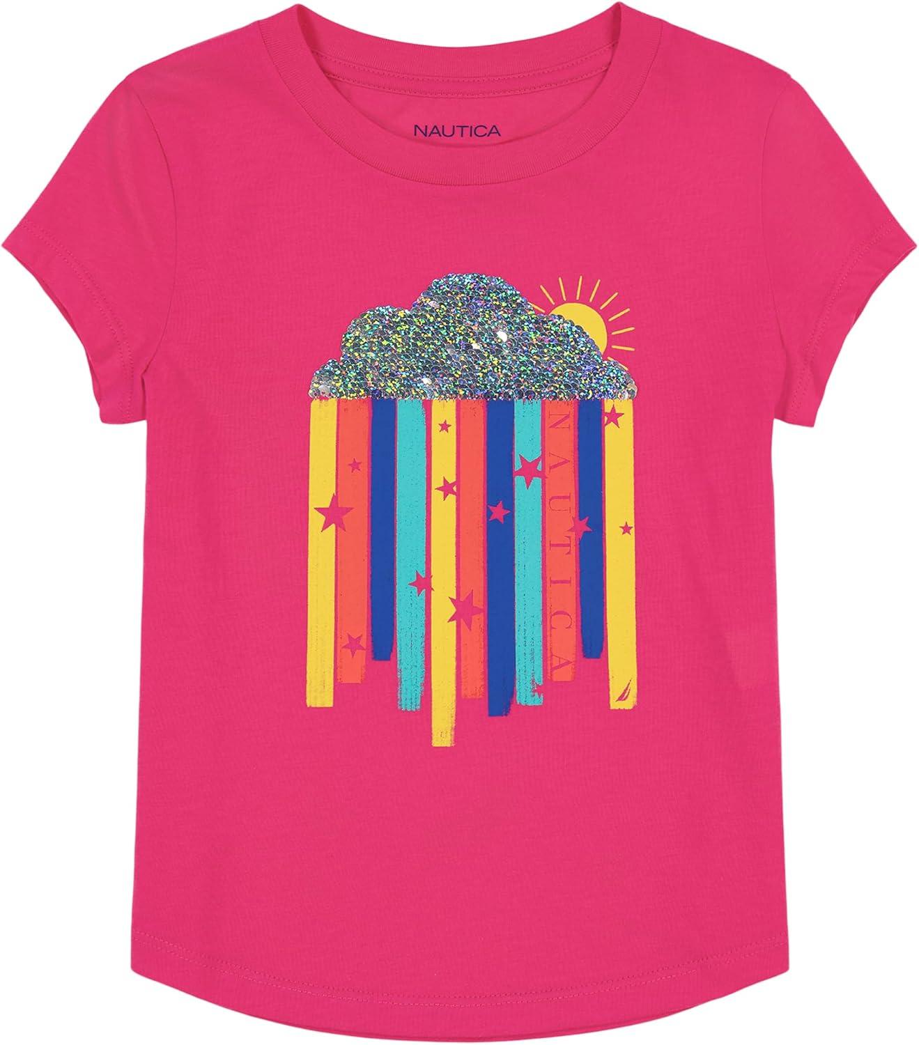 imageNautica Girls Short Sleeve Legacy TShirt with Flip Sequin Design Cotton Tee with Tagless InteriorFuchsia Purple Rainbow Sequin