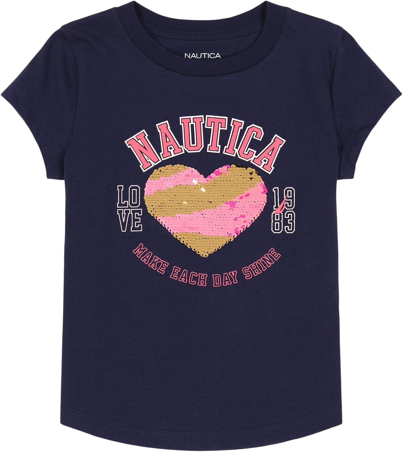 imageNautica Girls Short Sleeve Legacy TShirt with Flip Sequin Design Cotton Tee with Tagless InteriorPeacoat Heart Shine