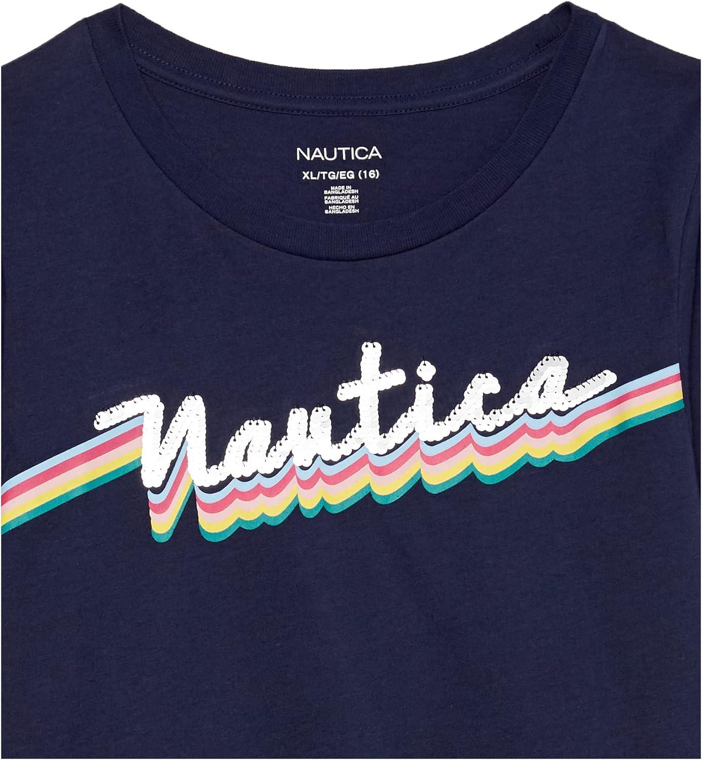 imageNautica Girls Short Sleeve Legacy TShirt with Flip Sequin Design Cotton Tee with Tagless InteriorPeacoat ScriptSequin