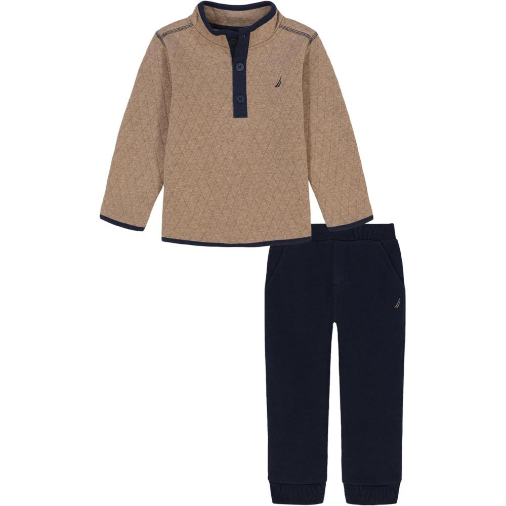 imageNautica Boys 2 Pc 12 Zip and Fleece Pant SetAppa Tan HeatherNavy Blazer
