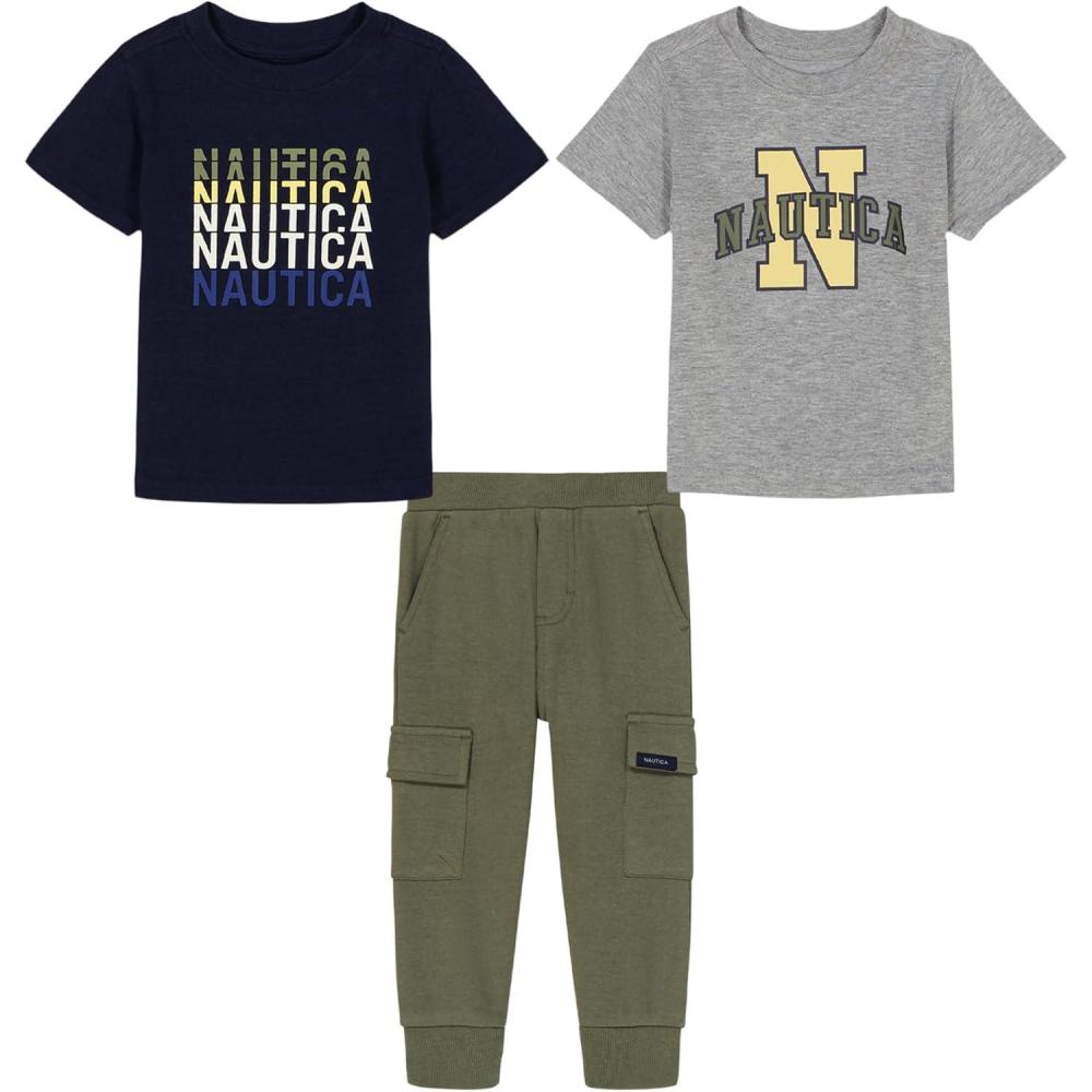 imageNautica Boys 3 Pc Two Tee Pant SetHeather MistNavy BlazerDeep Lichen Green