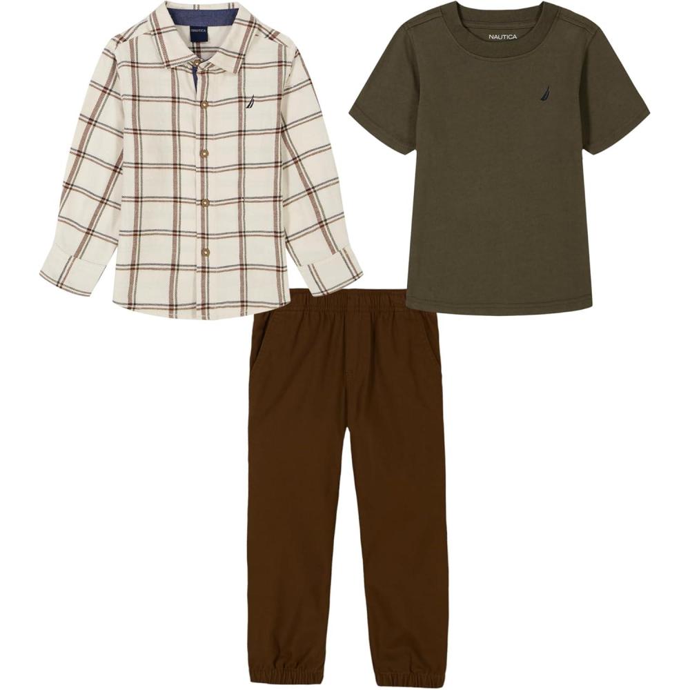 imageNautica Boys 3pc Woven Shirt Pant SetGrape LeafFarina HeatherCrew Brown