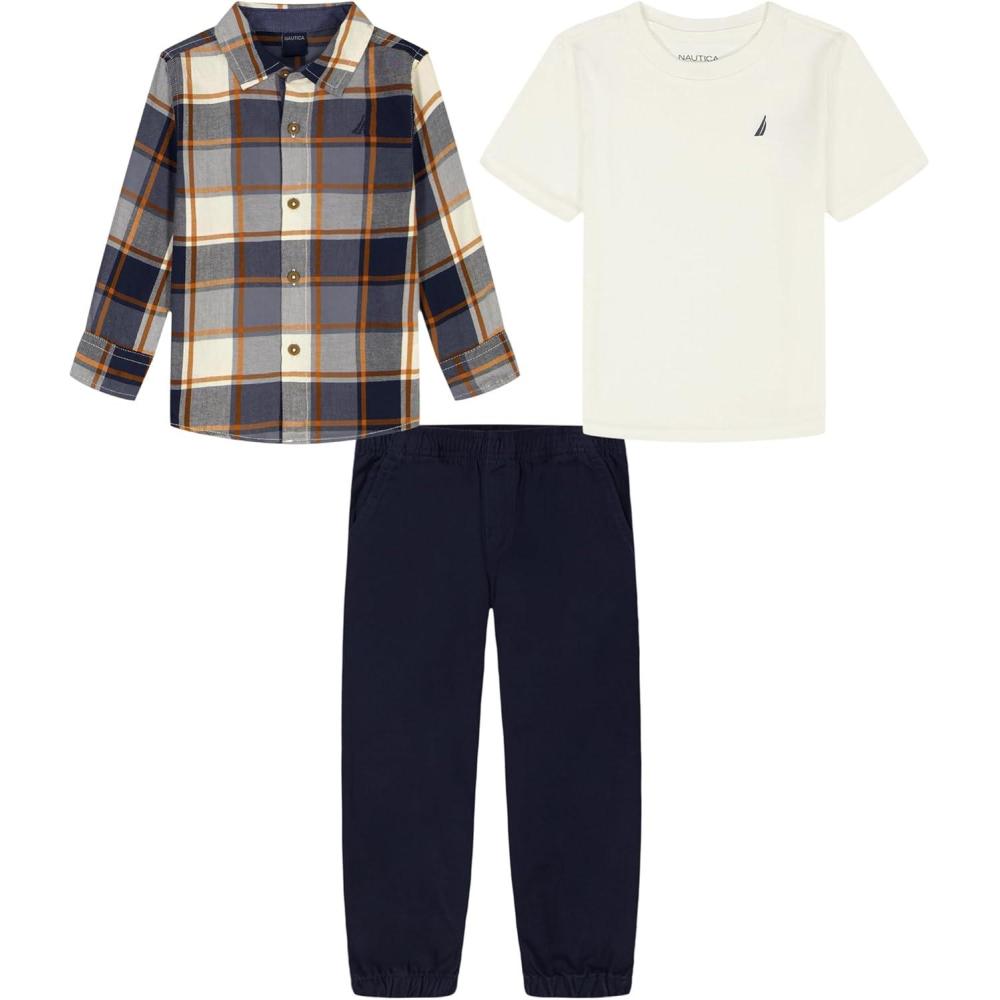 imageNautica Boys 3pc Woven Shirt Pant SetVanilla Ice PlaidNavy Blazer