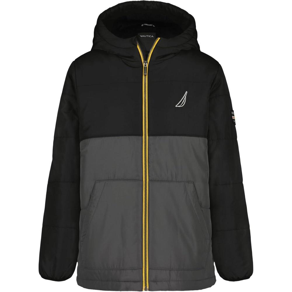 imageNautica Boys Heavyweight Hooded Bubble Jacket With Polar Fleece LiningColorblock True Black