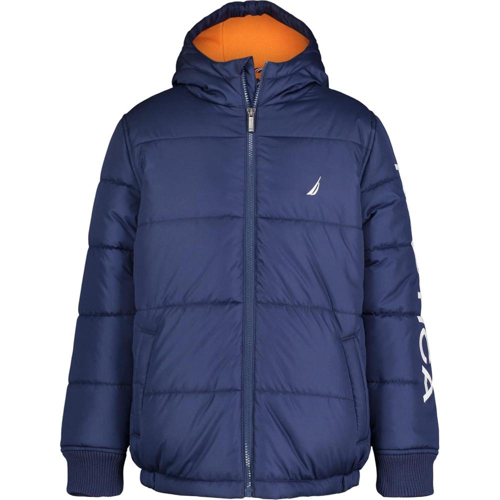 imageNautica Boys Heavyweight Hooded Bubble Jacket With Polar Fleece LiningJ NavyOrange