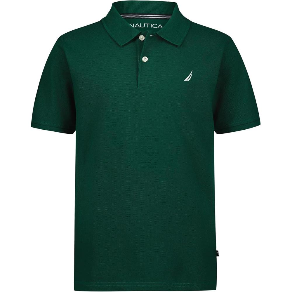 imageNautica Boys Short Sleeve Anchor Polo Button Closure Soft amp Comfortable Pique FabricEvergreen