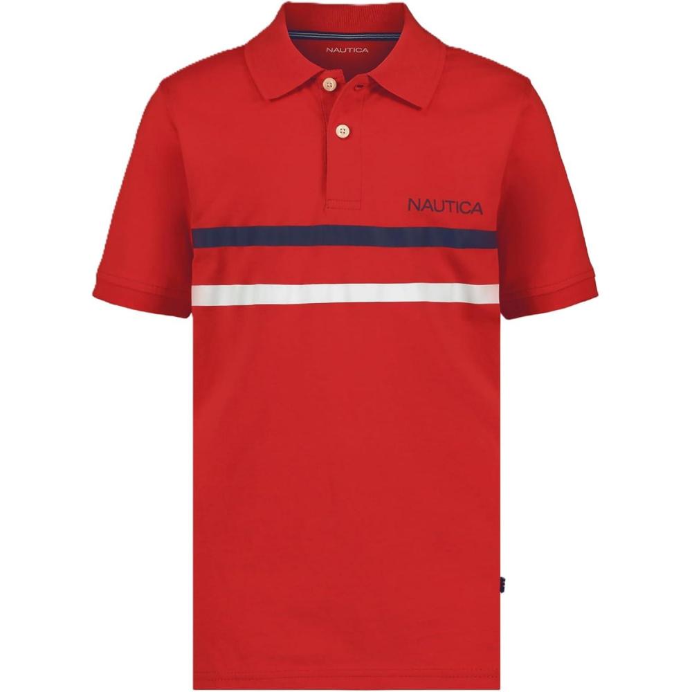 imageNautica Boys Short Sleeve Fashion Polo Button Closure Soft amp ComfortableDouble Stripe High Risk Red