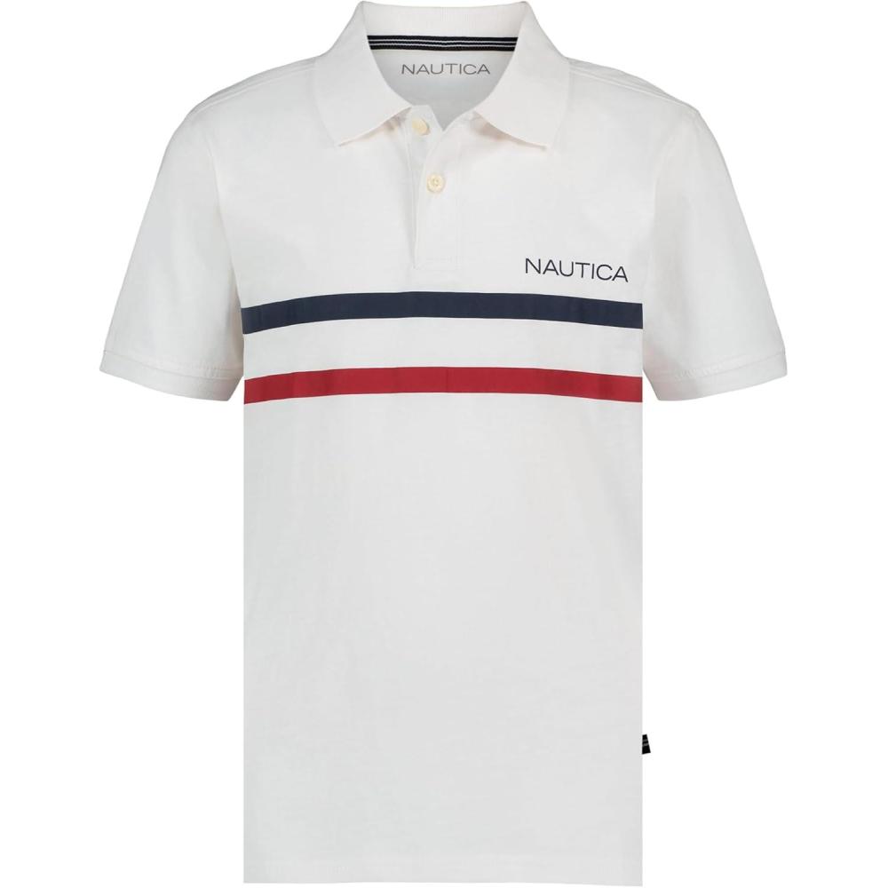 imageNautica Boys Short Sleeve Fashion Polo Button Closure Soft amp ComfortableDouble Stripe White