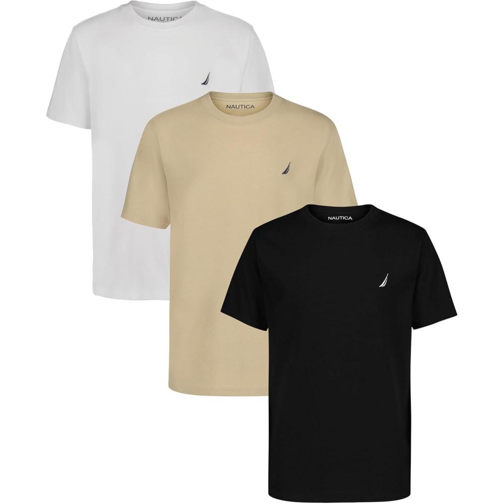 imageNautica Boys Short Sleeve Solid Crew Neck TShirt Multipack Soft Comfortable Relaxed FitBlackWhiteIrish Cream