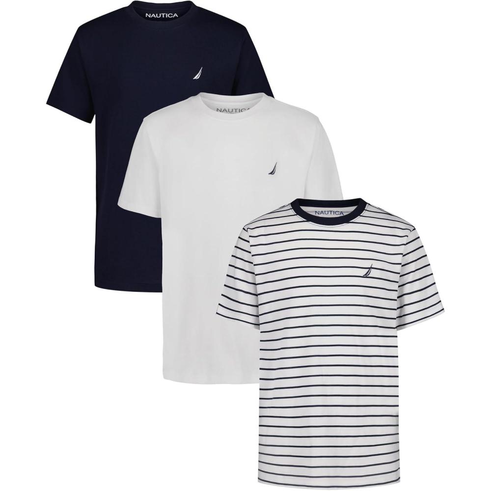 imageNautica Boys Short Sleeve Solid Crew Neck TShirt Multipack Soft Comfortable Relaxed FitBright Navy StripeWhiteNavy Seas