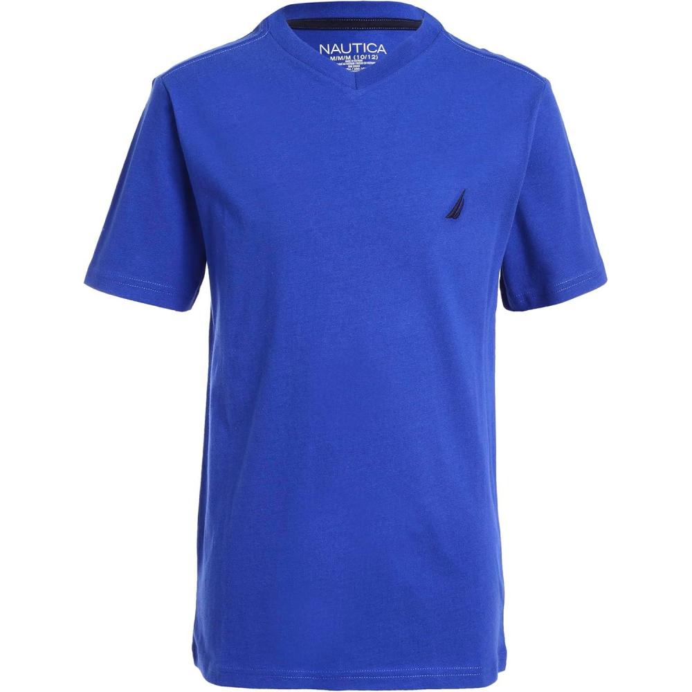 imageNautica Boys Short Sleeve Solid VNeck TShirt Soft Comfortable Relaxed FitCobalt