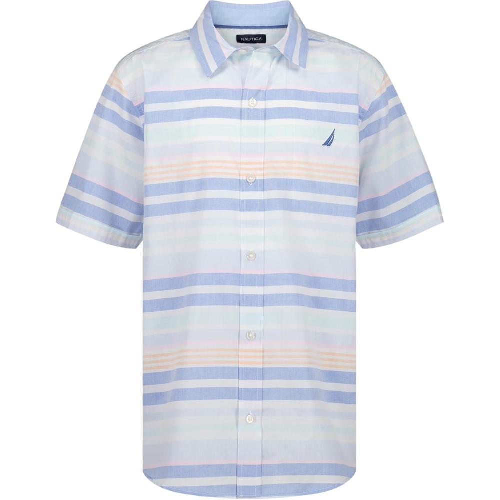 imageNautica Boys Short Sleeve Woven ButtonDown Shirt Light Weight amp BreathableCabana Stripe Cashmere Blue