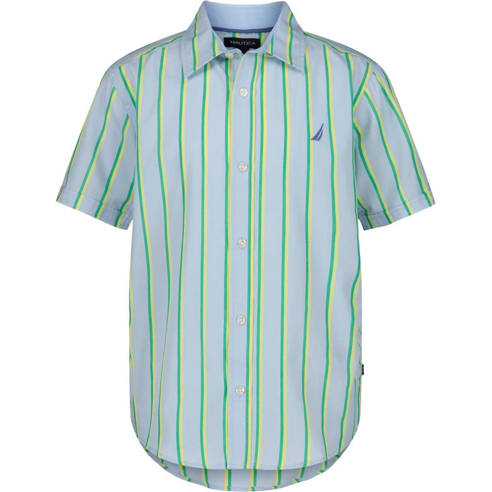 imageNautica Boys Short Sleeve Woven ButtonDown Shirt Light Weight amp BreathableCashmere Blue Thin Stripe